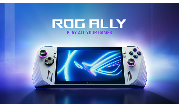 Asus ROG Ally -banneri ja Asus ROG Ally -käsikonsoli sekä tekstiä