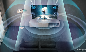 Kuvituskuva, jossa näkyy Dolby Atmos -järjestelmän toiminta olohuoneessa