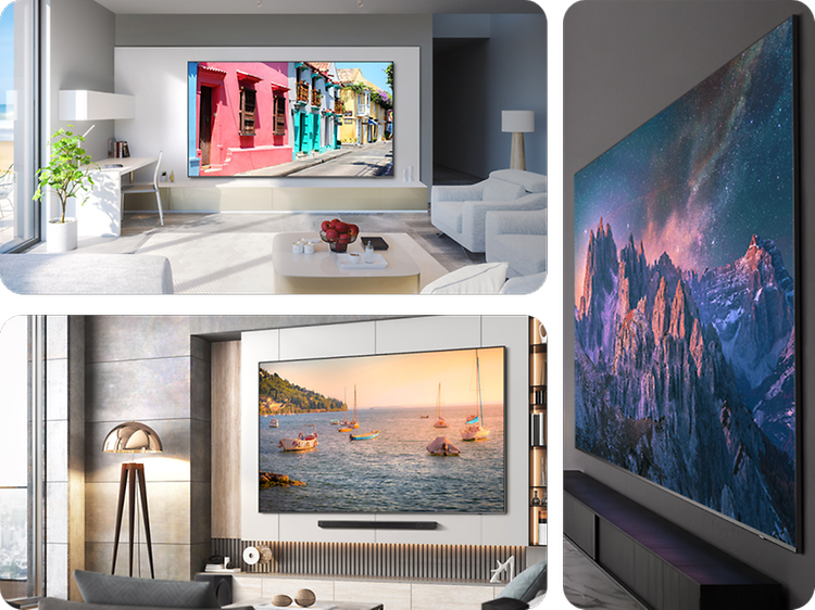Kuvakollaasi, jossa esitellään Samsung QLED -televisioita