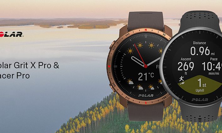 Polar Pacer Pro ja Polar Grit X Pro -älykellot toistensa vieressä sekä järvimaisema taustalla