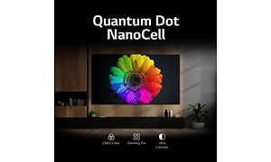 LG-tv modernisti sisustetussa huoneessa ja kuvateksti Quantum Dot NanoCell