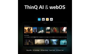 Teksti ThinQ & webOS, sekä LG-televisio, jonka näytöllä kuva sen käyttöliittymästä