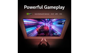 LG -tv, jonka näytöllä kuva ajopelistä, sekä teksti Powerful Gameplay
