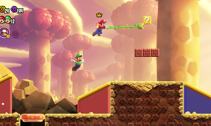 Kuvakaappaus Super Mario Bros. Wonder -pelistä, jossa Luigi ja Mario