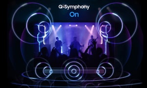 Samsung-televisio ja Samsung-soundbar yhdistettynä toisiinsa takaa konserttitason Q-Symphony-äänenlaadun