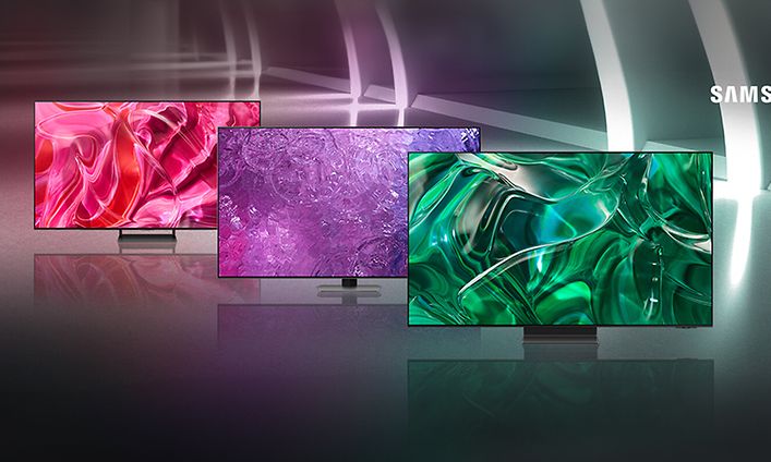 Löydä itsellesi sopiva Samsung-TV: Kolme erikokoista Samsung-televisiota monivärisellä taustalla