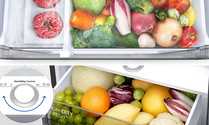 Samsung-jääkaapin laatikot, joissa hedelmät ja vihannekset säilyvät raikkaina pidempään Humidity Fresh+ -toiminnon ansiosta