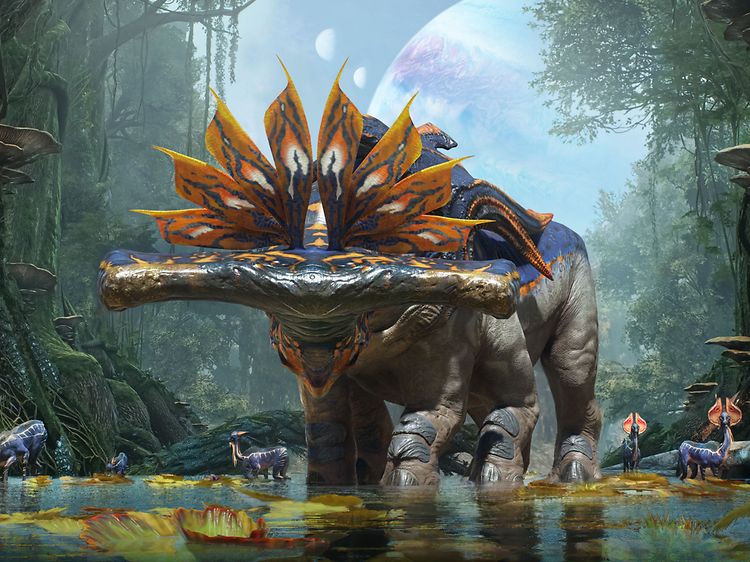 Kuvakaappaus pelistä Avatar: Frontiers of Pandora, jossa on suuri vasarapäinen olio kulkee viidakossa