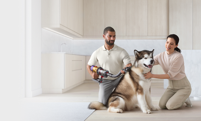 Nainen ja mies kyykistyneinä koiransa vierelle ja käyttävät Dyson-imurin Pet Grooming -lisäosaa turkin imurointiin