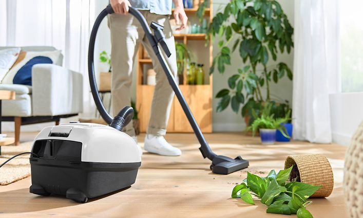 Henkilö puhdistaa olohuoneen lattiaa Bosch Series 4 -imurilla lattialle pudonneen huonekasvin vierestä