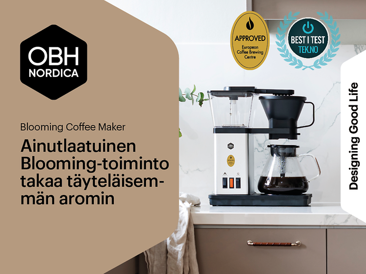 OBH Nordica Blooming-kahvinkeittimen mainoskuva, jossa teksti; Ainutlaatuinen toiminto takaa täyteläisemmän aromin