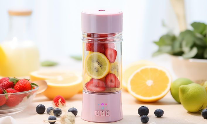 Pinkki smoothiekone ja herkullinen valikoima hedelmiä