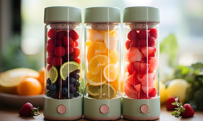 3 värikästä smoothiekonetta ja hedelmiä