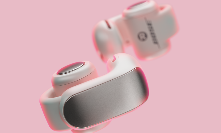 Avoimet Bose Ultra -nappikuulokkeet - Bose open-ear-nappikuulokkeet pinkkiä taustaa vasten
