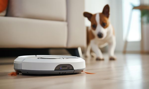 Pölynimurit eläinten karvojen poistoon - Robotti-imuru ja siitä kiinnostunut koira