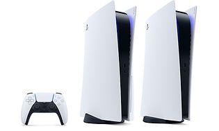 Kaksi Playstation 5 -pelikonsolia ja DualSense-peliohjain
