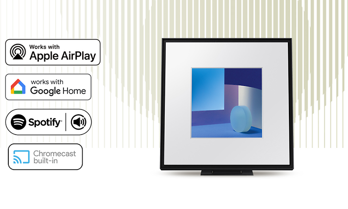 Samsung Music Frame ja eri suoratoistopalvelujen ikoneita sen vasemmalla puolella