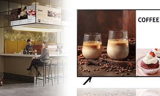 Samsung Business TV -mainoskuvassa tv-näyttö kahvilassa ja henkilö, joka ohjaa näyttöä sovelluksella