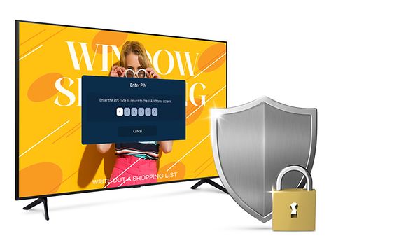 Samsung Business TV ja lukko, jolla havainnollistetaan television kätevä PIN-koodilukitus