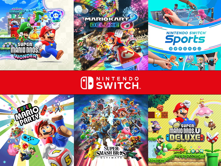 Nintendo Switch -mainoskuvassa kokoelma eri Nintendo-pelien kansikuvista