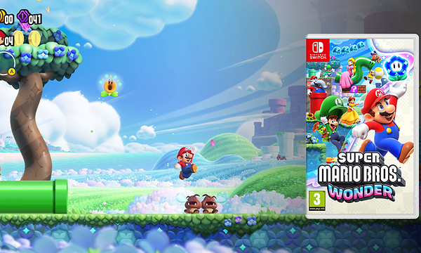 Nintendo Switch - Super Mario Wonder -pelin tuotekuva sekä kuvakaappaus pelistä, jossa Mario hyppää sienten yli pelimaailmassaan