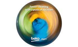 Beko Fast+ -merkki, jossa englanninkielinen teksti Faster cleaning with a push of a button
