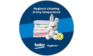 Beko Hygiene+  -merkki, jossa englanninkielinen teksti Hygienic cleaning at any temperature