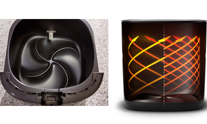 Philips Combi XXL Airfryerin kypsennyskori ja kuvituskuva laitteen Rapid CombiAir -kiertoilmatekniikasta