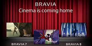 Kolme Sony Bravia-televisiota sekä teksti; Cinema is coming home