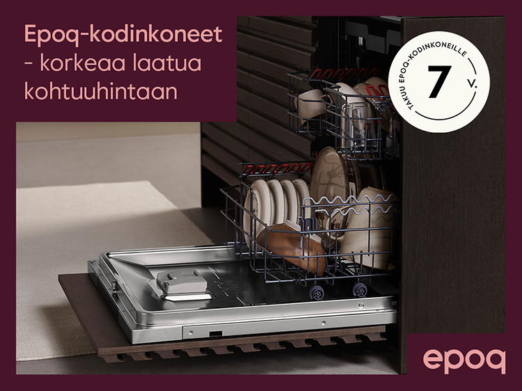 Epoq-astianpesukoneet -banneri, jossa kerrotaan 7 vuoden takuusta