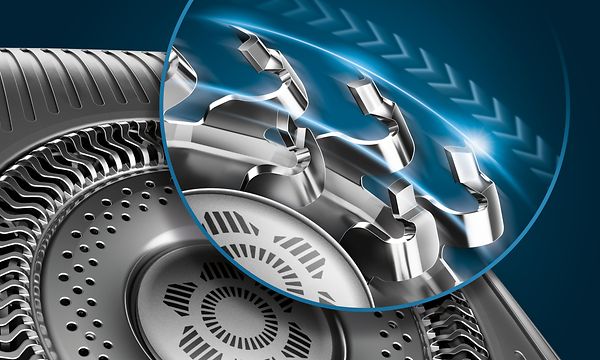 Lähikuva Philips Shaver S8000 -parranajokoneen pyörivistä ajoteristä
