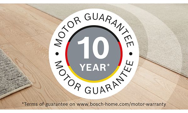 Bosch Series 8 BGL8WH3 -pölynimuri ja 10 vuoden moottoritakuu -logo