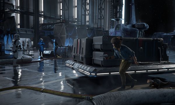 Star Wars Outlaws – kuvakaappaus Kaystä piileskelemässä usealta iskusotilaalta ja muilta imperiumia edustavilta vihollisilta