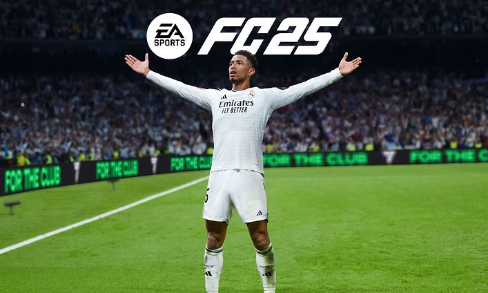 FC25 -pelin logo sekä jalkapallonpelaaja, joka seisoo pelikentällä kädet levällään