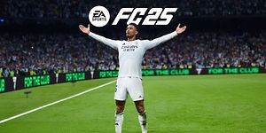 FC25 -pelin logo sekä jalkapallonpelaaja, joka seisoo pelikentällä kädet levällään