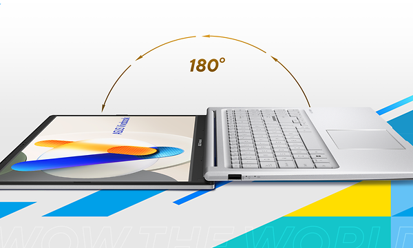 ASUS Vivobook 15 X1504ZA avattuna kokonaan sen 180 asteen saranoiden havainnollistamiseksi
