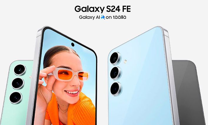 Samsung Galaxy S24 FE -älypuhelimia ja teksti Galaxy AI on täällä