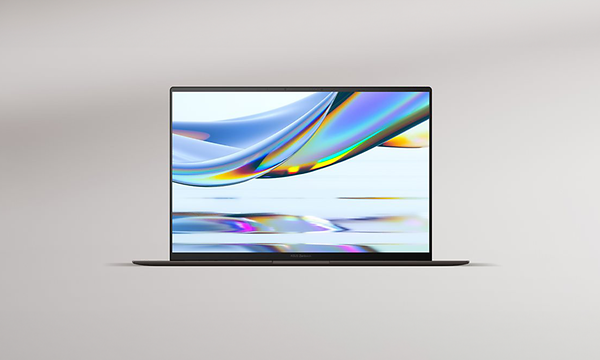 Asus Zenbook S 14 -kannettava harmaalla taustalla ja sen kirkas Lumina OLED -näyttö