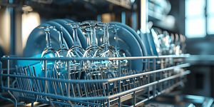 Lähikuva viinilaseista astianpesukoneen alakorissa