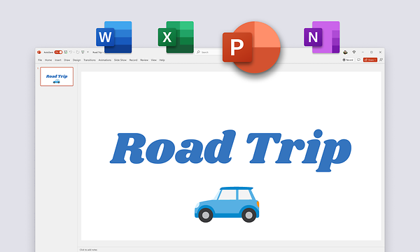 Microsoft Office 2024 Home - Office Home -näkymä ja Office-sovelluksia - Road trip -teksti