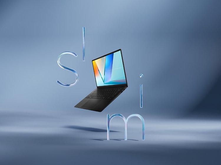 ASUS Vivobook S 14 OLED kannettava tietokone ja kirjaimista muodostuva sana ´Slim´