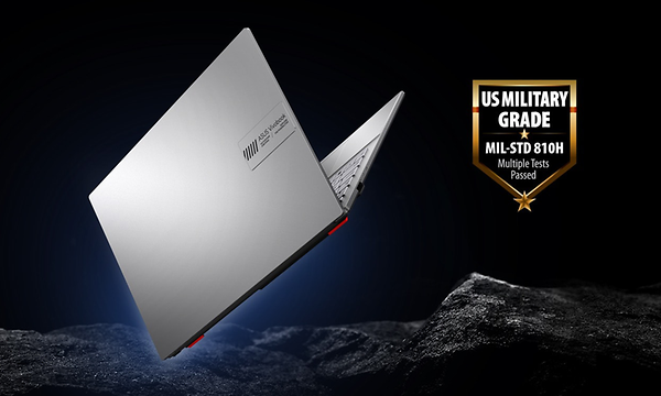 ASUS Vivobook Go 15 kannettava tietokone tummalla taustalla ja sotilastason kestävyys -merkintä