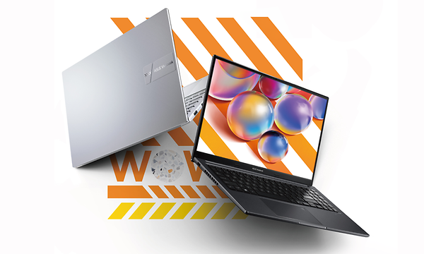 ASUS Vivobook 14 kannettava tietokone vaalealla taustalla, jossa on keltaisia ja oransseja vauhtiraitoja