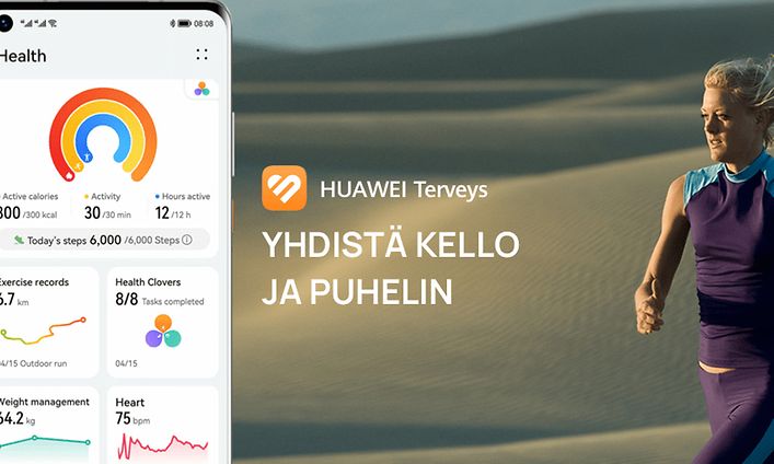 Huawei - Yhteensopiva - Teaserkuva ja teksti 'Yhdistä kello ja puhelin'