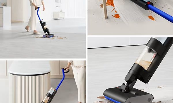 Hopeanvärinen Dyson G1 robott-iimuri, jossa on tyylikäs, pyöreä muotoilu