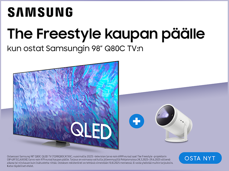 Samsung TV - Freestyle - Osta 98" Q80C QLED TV – saat upean The Freestyle -projektorin kaupan päälle