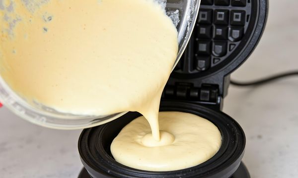 Vohvelitaikinaa kaadetaan vohvelirautaan
