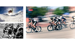 Kolmen kuvan kokoelma erilaisista urheiluun liittyvistä kuvista