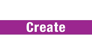 "Create" -otsikko valkoisilla kirjaimilla violetilla taustalla