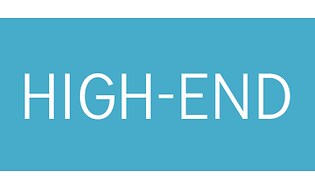 valkoinen teksti "high end", kirkkaansininen painike 